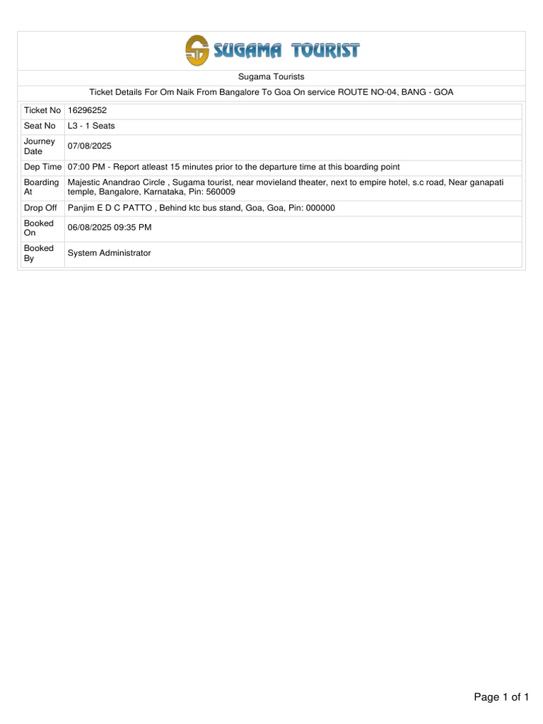 Bangalore to Goa Sugama Tour Ticket Details | PDF