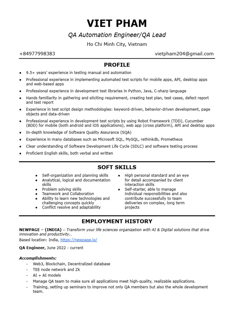 Viet Pham - Sr. QA Automation Engineer - Lead | PDF | Selenium ...