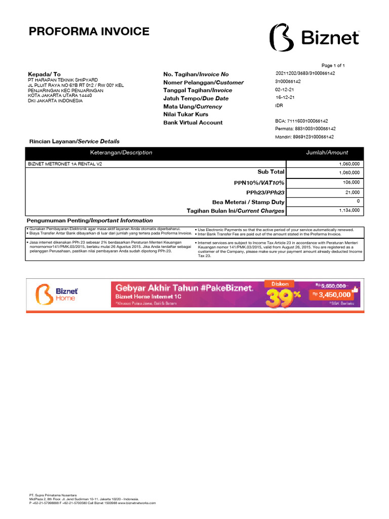 Proforma Invoice for Biznet Services | PDF | Money | Government Finances