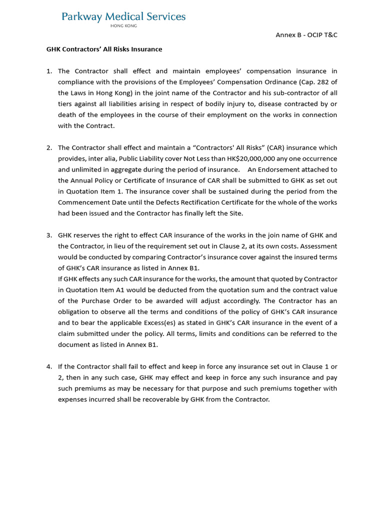 OCIP Contractors' Insurance Terms | PDF