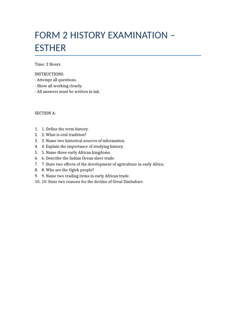 Form 2 History Exam Esther | PDF