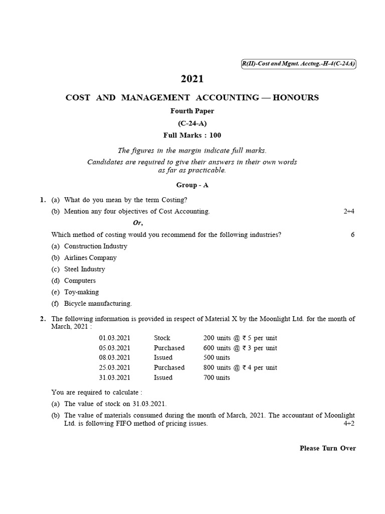 Cost Accounting Model Paper 2024 | PDF | Financial Accounting | Net Income