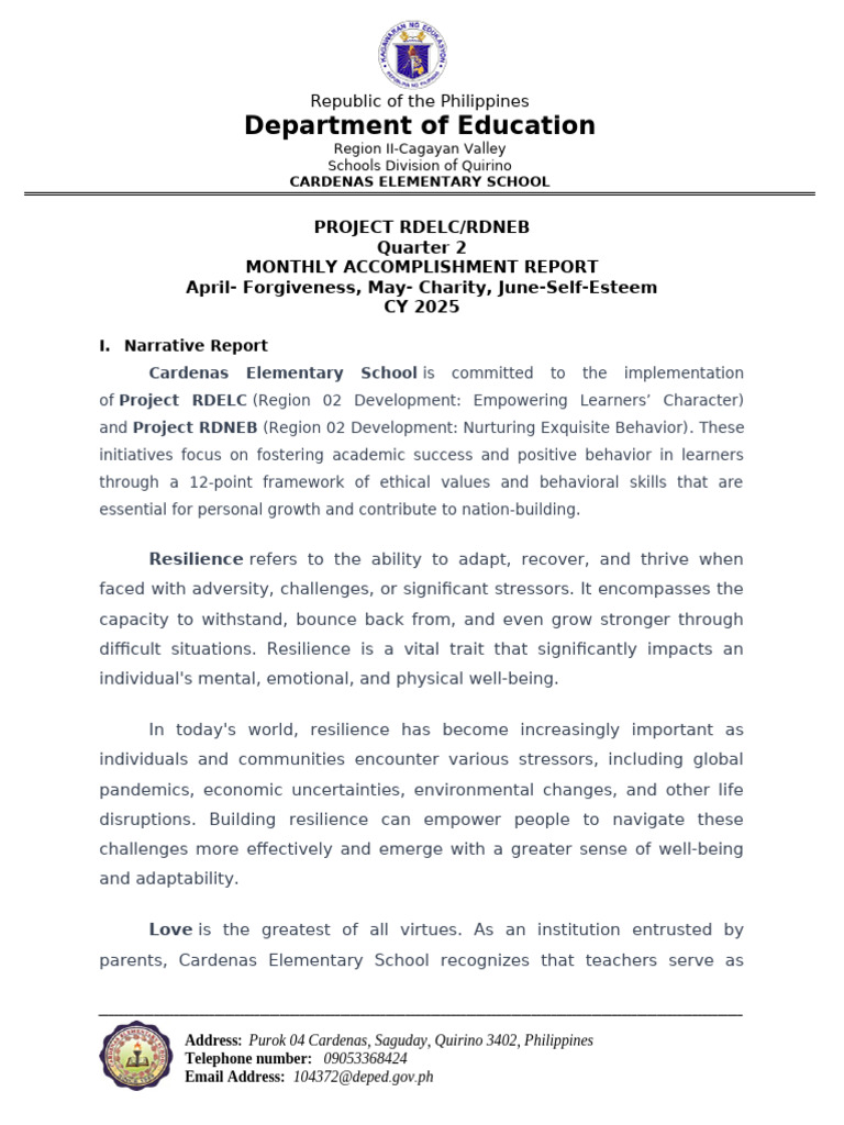 Cardenas School RDELC Accomplishment Report | PDF | Psychological ...