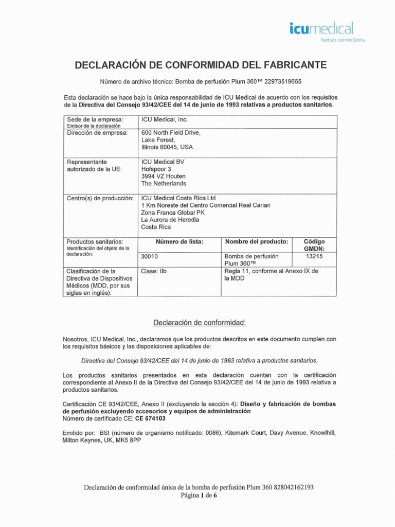 Plum 360 Declaration of Conformity - Spanish | PDF | Dispositivo médico ...