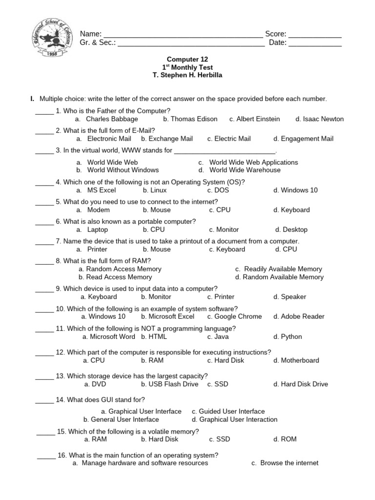 1st Monthly Test in CSS 12 | PDF | Computer Data Storage | Operating System