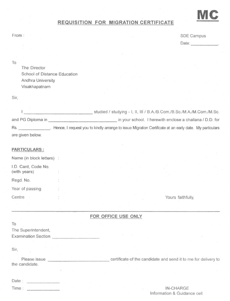 Migration Certificate Requisition Form | PDF