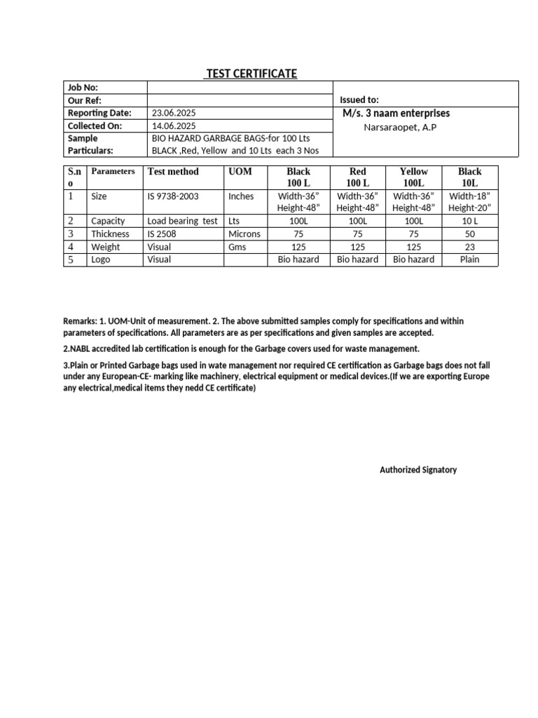 Bio Hazard Garbage Bags Test Certificate | PDF