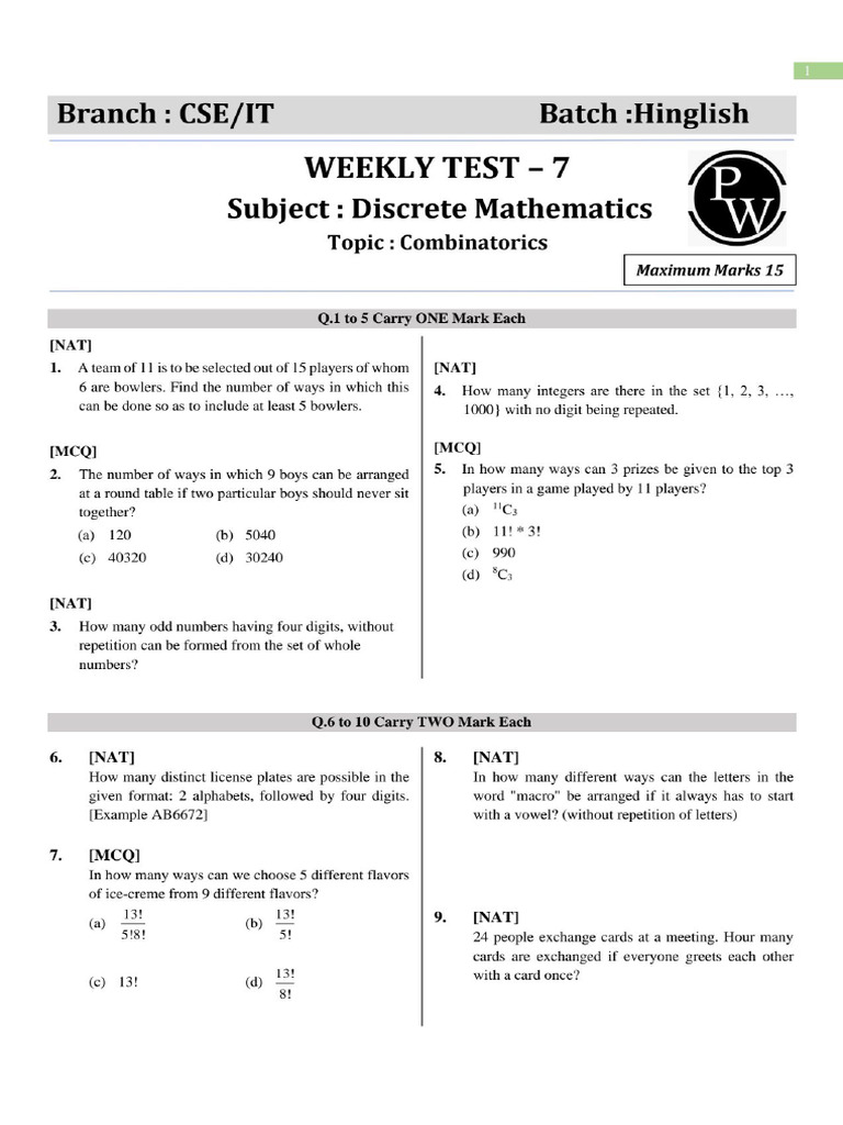 Discrete Mathematics - Weekly Test 07 - Test Paper | PDF