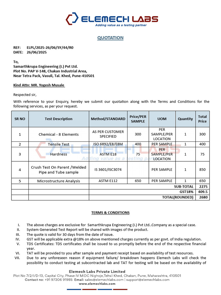 Quotation for Testing Services | PDF