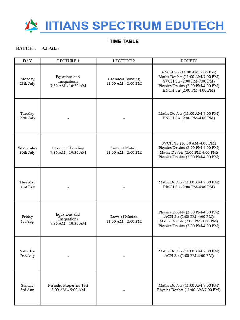 AJ Atlas Batch Timetable | PDF