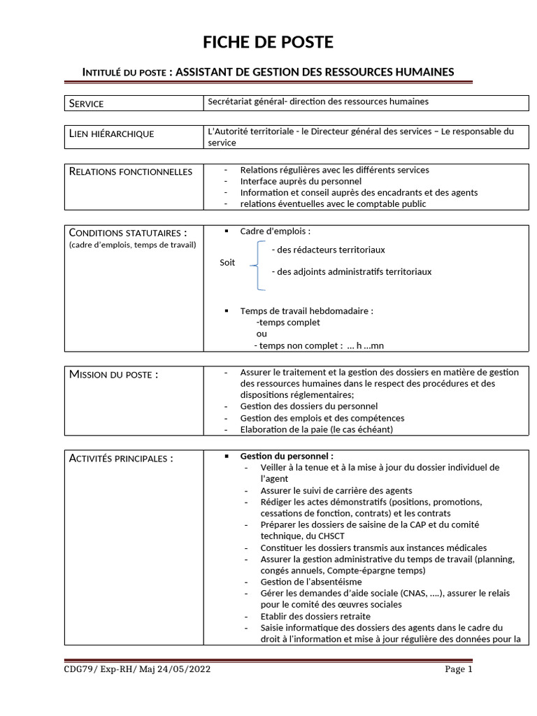 Fiche de Poste : Assistant RH | PDF | Gestion des ressources humaines ...