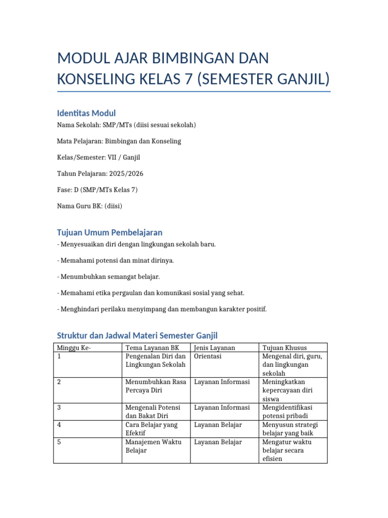 Modul Ajar BK Kelas 7 Semester 1 | PDF