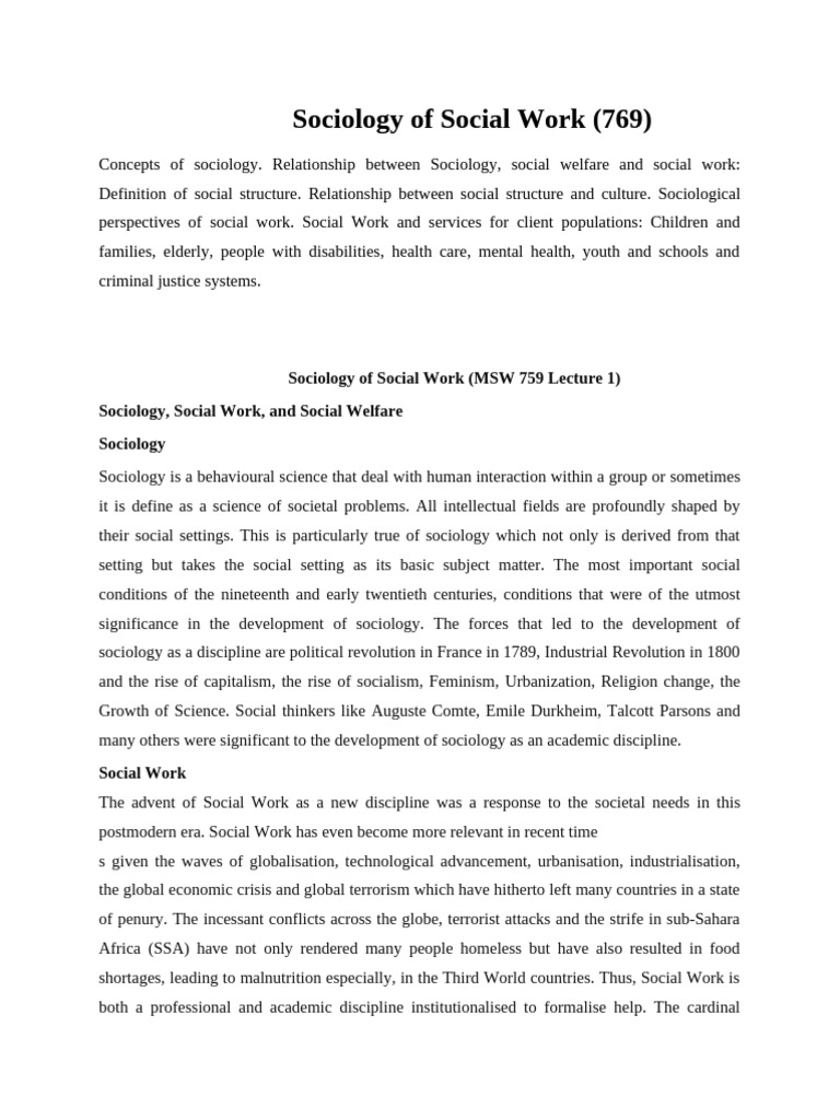 Sow 769 - Sociology of Social Work Lecture 1 | PDF | Cost Of Living ...