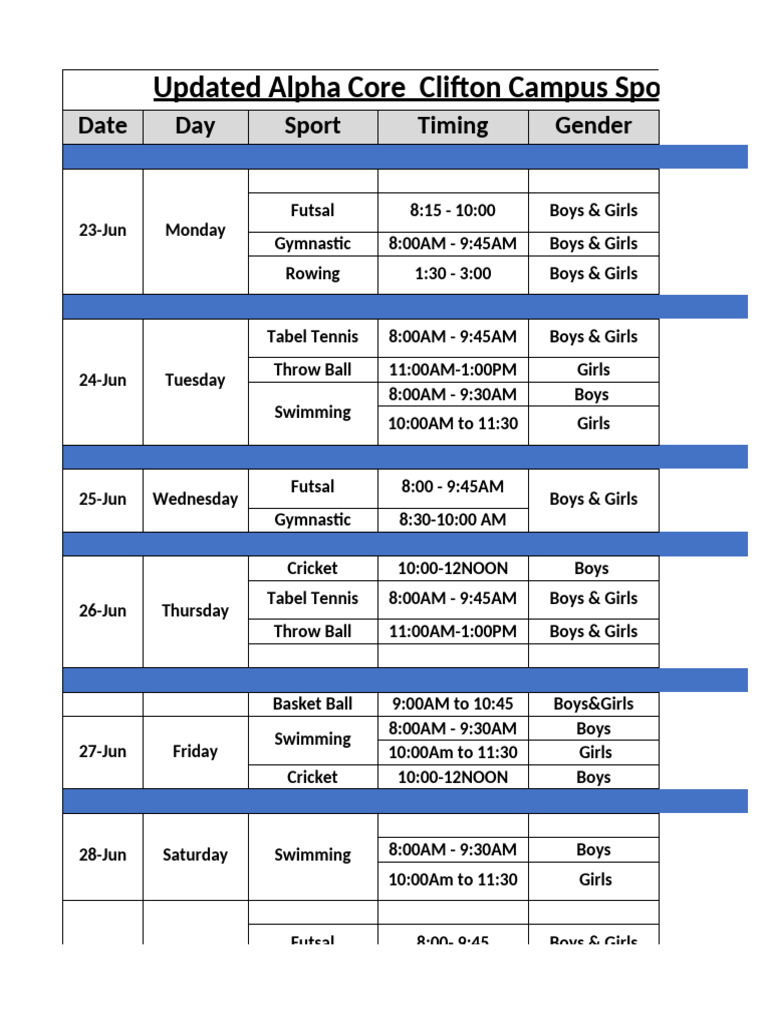 Alpha Core Clifton Sports Schedule | PDF | Athletic Sports | Sports