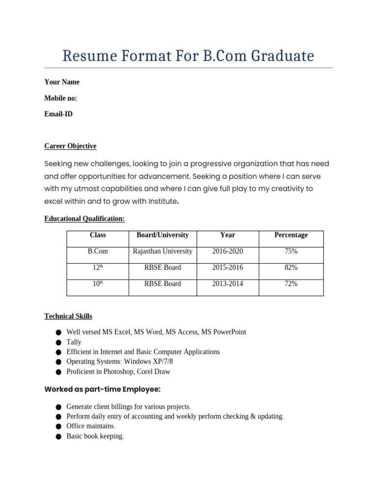 B.Com Graduate Resume Format Guide | PDF