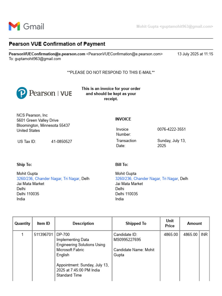 Pearson VUE Payment Confirmation Invoice | PDF | Invoice | Value Added Tax