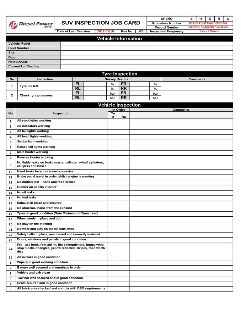 SUV Inspection Job Card Template | PDF | Tire | Brake