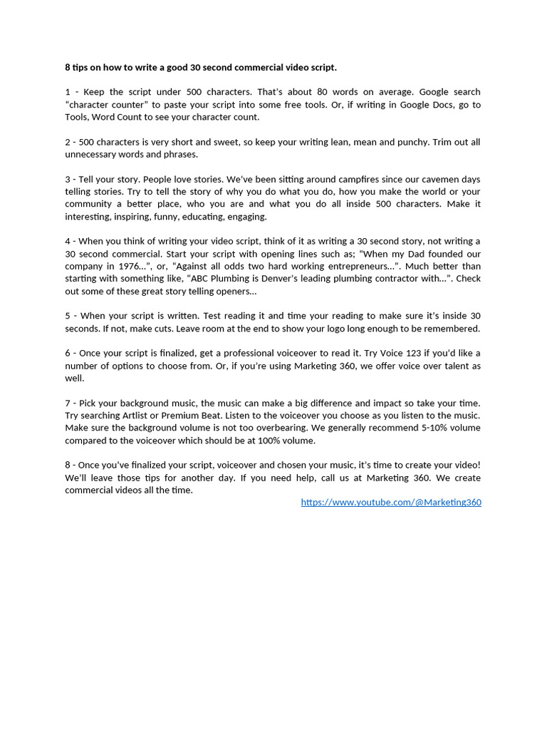 8 Tips On How To Write A Good 30 Second Commercial Video Script | PDF