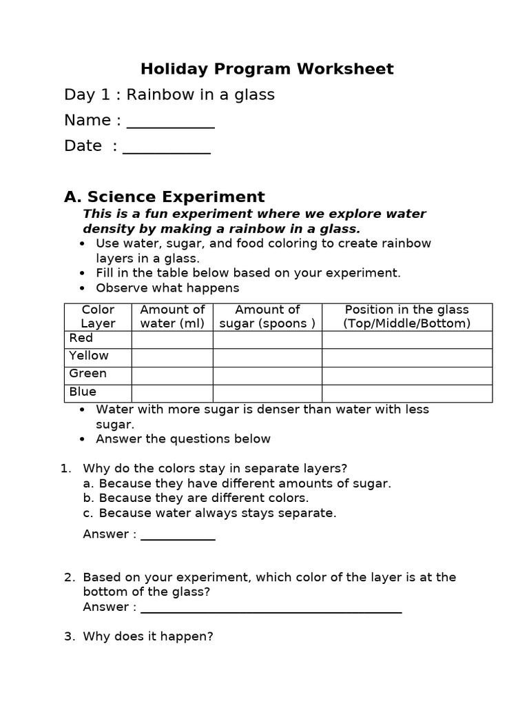 Holiday Program Worksheet | PDF