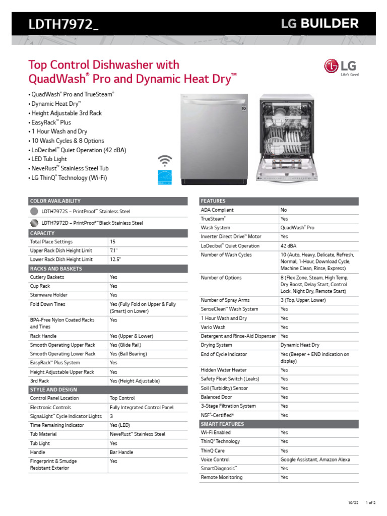 LG LDTH7972 Dishwasher Overview | PDF | Dishwasher