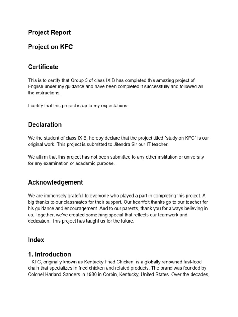KFC Project Report Overview | PDF | Business