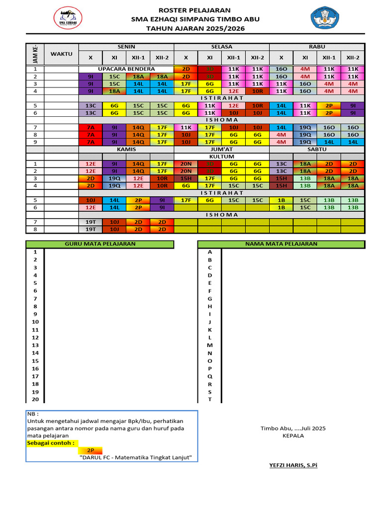 Roster Pelajaran SMA Ezhaqi 2025/2026 | PDF