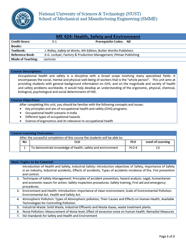 OHS Course Overview at NUST | PDF | Occupational Safety And Health ...