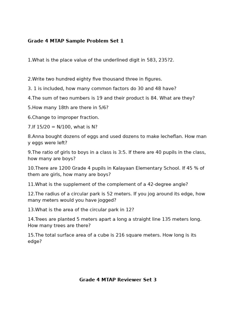 Grade 4 MTAP Sample Problem Set 1 | PDF