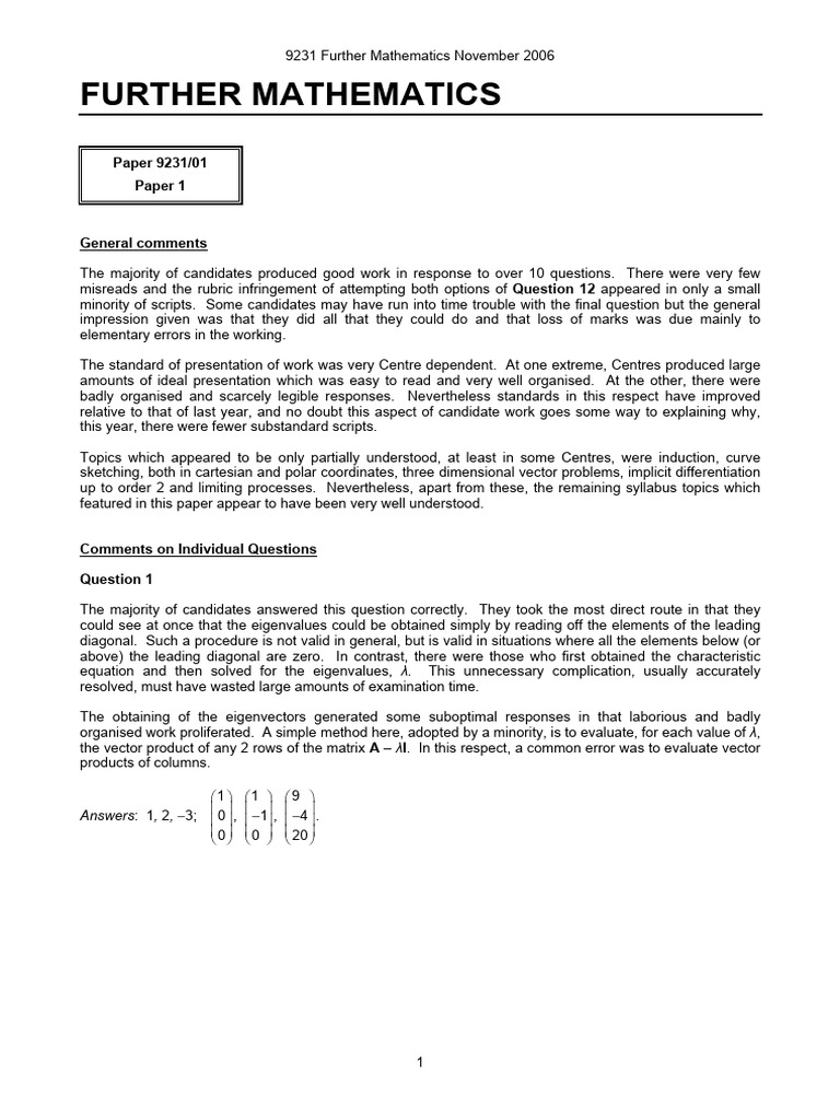 Further Mathematics Paper 9231 Analysis | PDF | Eigenvalues And ...
