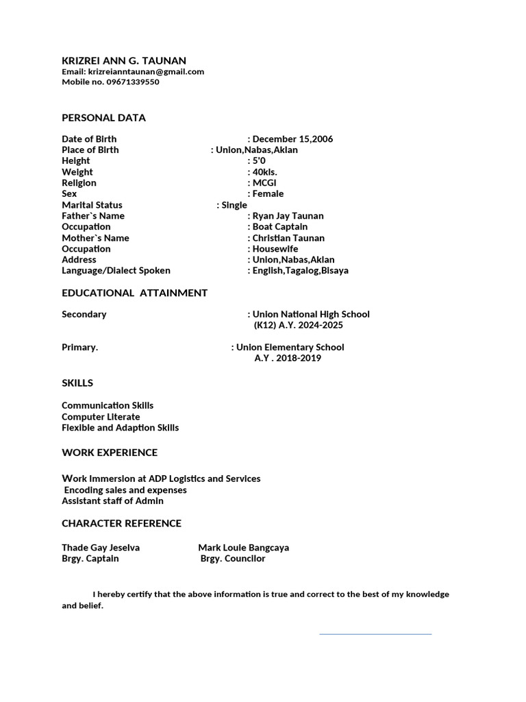 Resume of Krizrei Ann G. Taunan | PDF