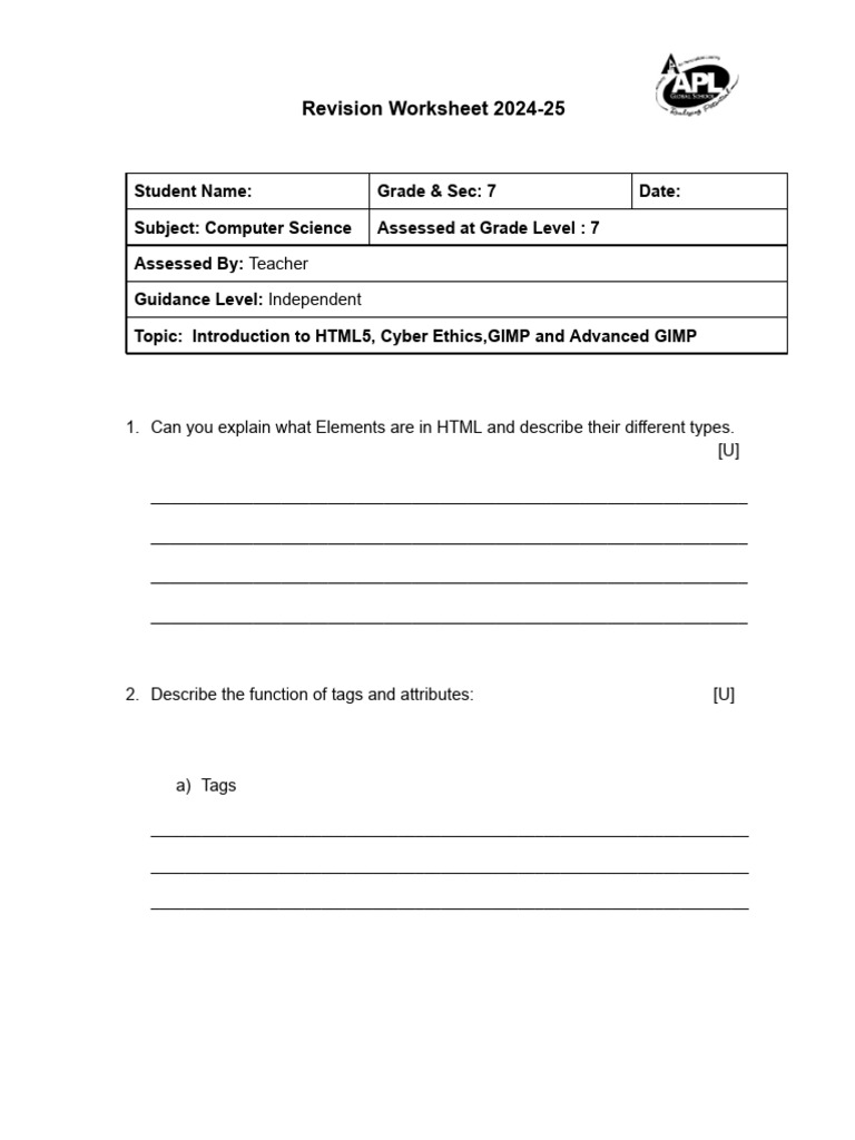 Grade 7 Computer Science Revision Guide | PDF | Html Element | Html