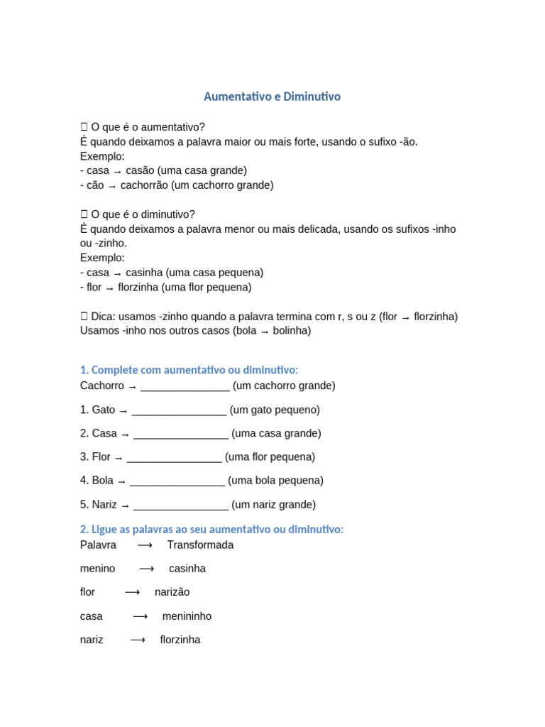 Aumentativo e Diminutivo 2ano | PDF