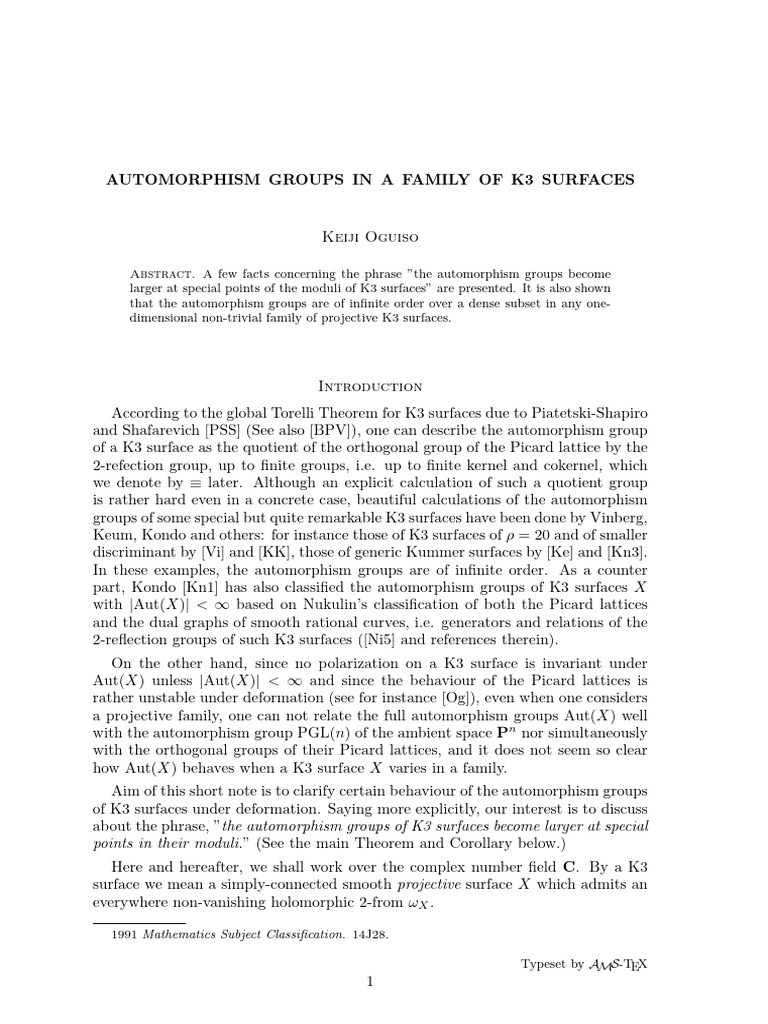 Automorphism Groups of K3 Surfaces | PDF | Topology | Mathematical ...
