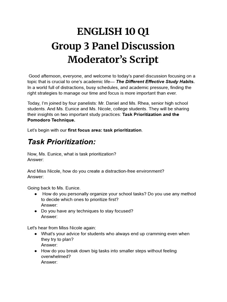Moderator Script for Study Habits Panel | PDF | Time Management ...