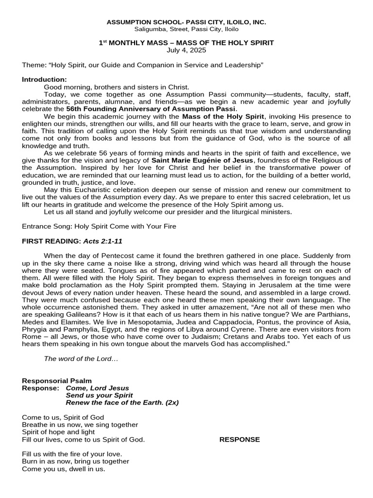 Assumption Passi Monthly Mass 2025 | PDF | Jesus | Holy Spirit