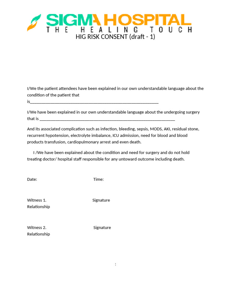 High Risk Surgical Consent Form | PDF | Surgery | Sepsis