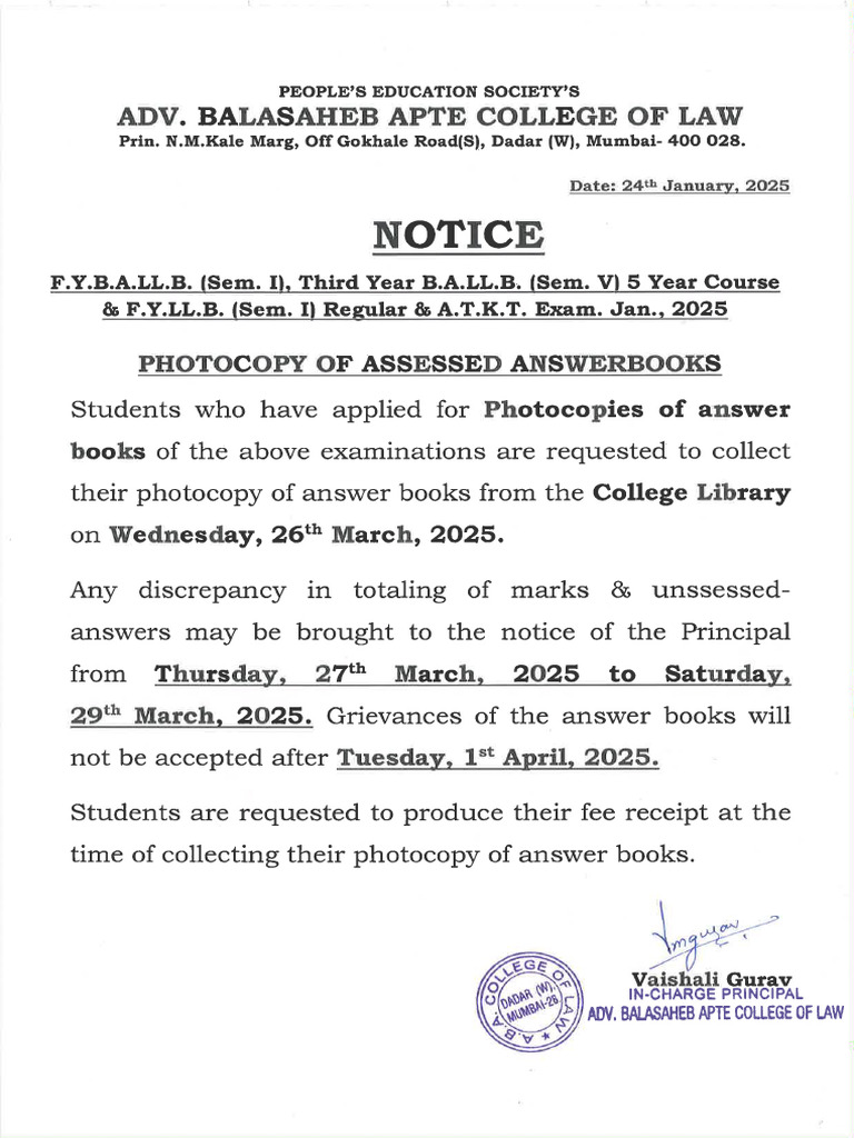 Notice To Students Applied Photocopy Received Exam. Jan. 2025 B.A.LL ...