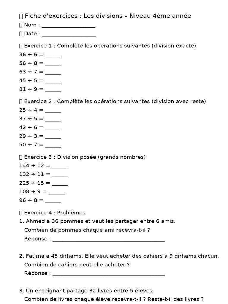 Exercices de division - 4ème année | PDF