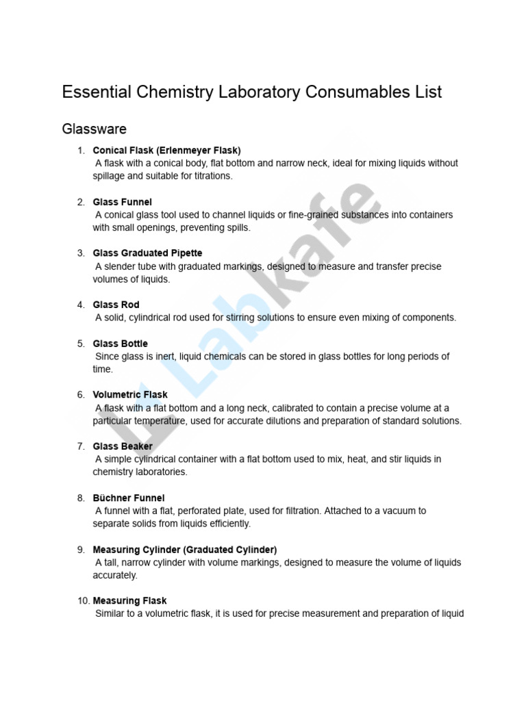 Essential Chemistry Laboratory Consumables List | PDF | Chemical ...