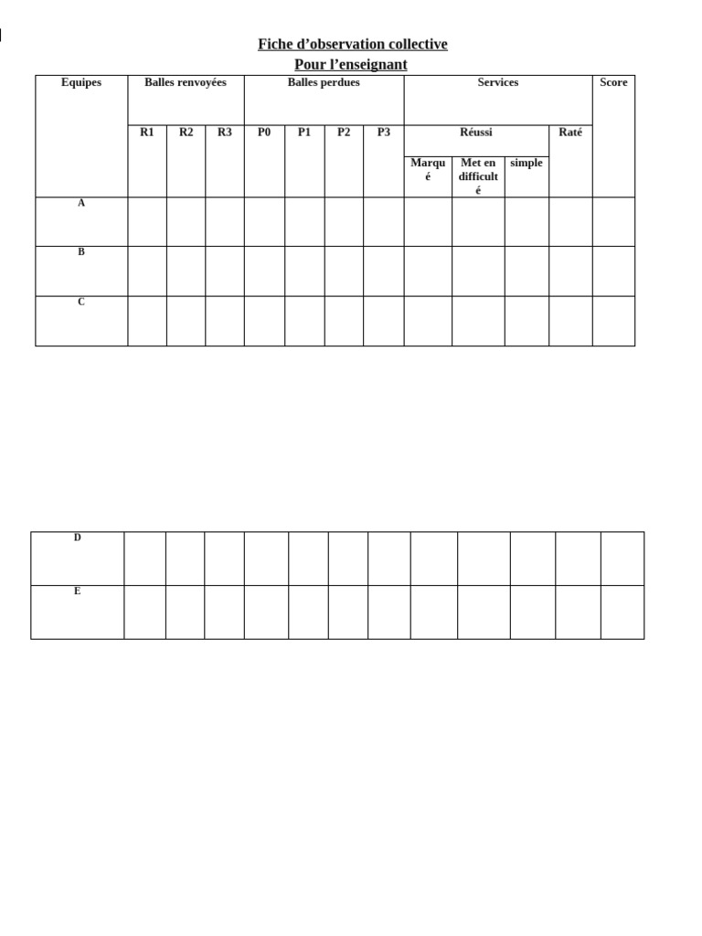 Fiche d'observation des performances sportives | PDF