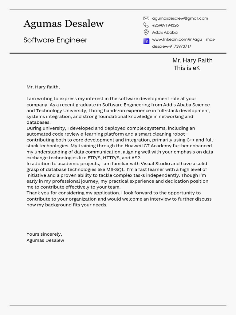 Software Engineer Application Letter | PDF