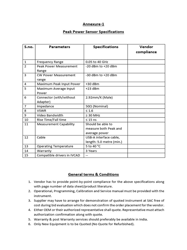 Peak Power Sensor Specifications | PDF
