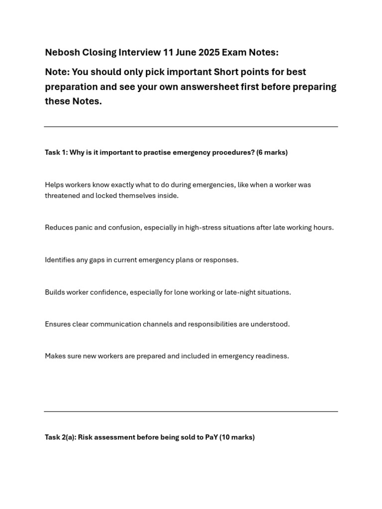 Nebosh Closing Interview Exam Notes | PDF | Occupational Safety And ...