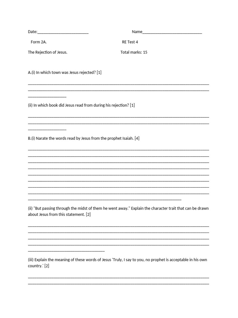 Form 2 RE Test On Rejection - 010240 | PDF | Jesus | Religious Belief ...