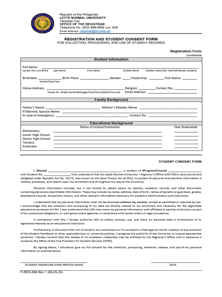 LNU Student Registration & Consent Form | PDF | Social Institutions ...