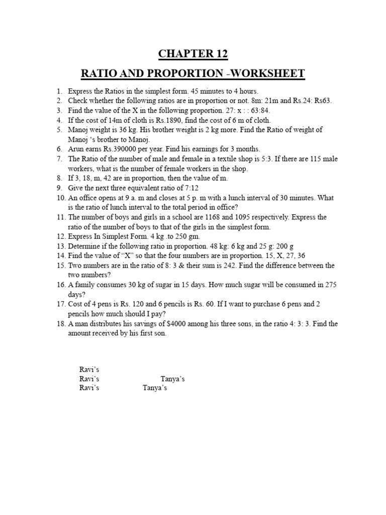 Ratio and Proportion Worksheet | PDF