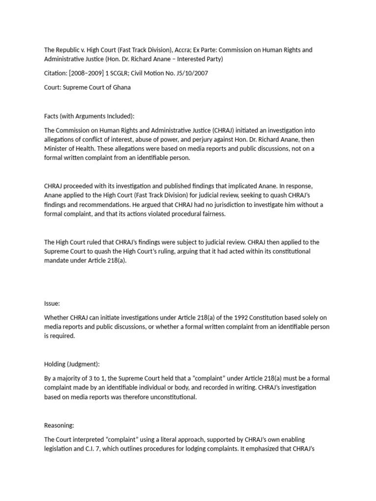 Supreme Court Ruling on CHRAJ's Authority | PDF | Complaint | Supreme ...