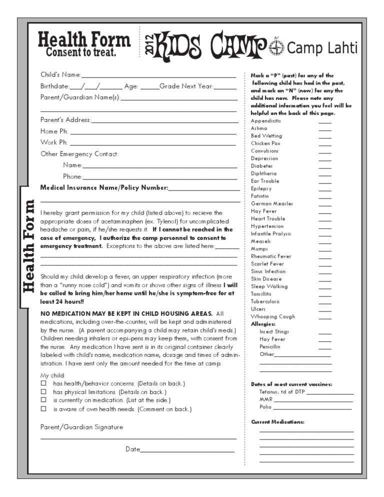 Health and Consent Form for Camp | PDF