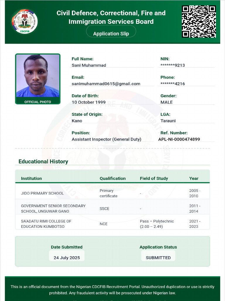 SANI MUHAMMAD Application Slip | PDF