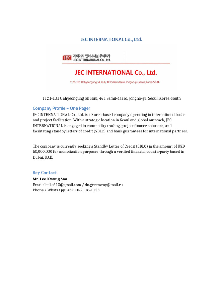 JEC International: SBLC Financing Request | PDF